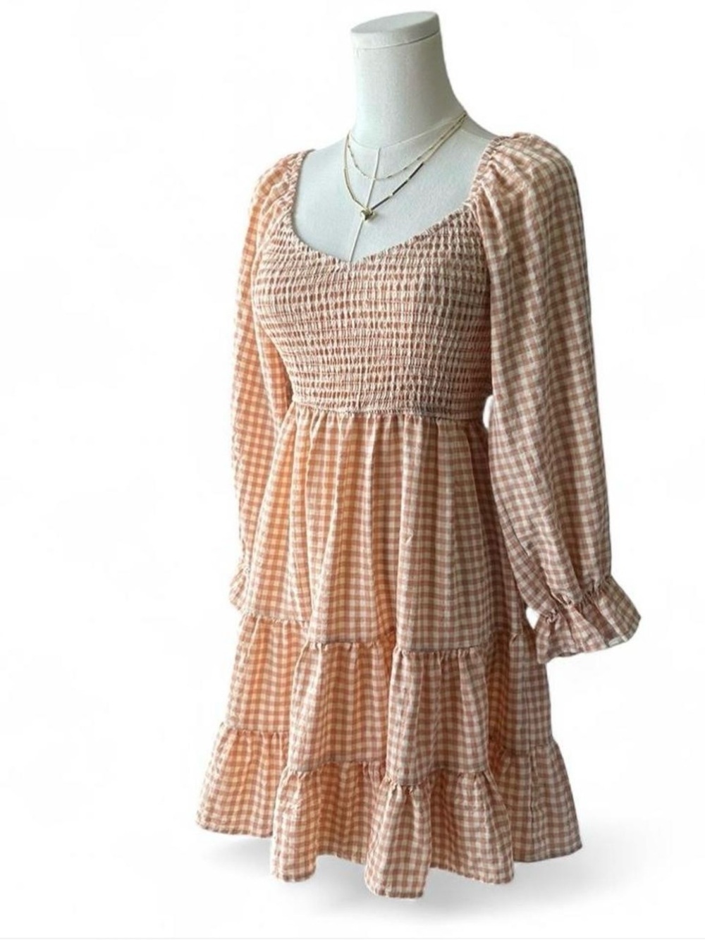 Peach Gingham Smocked Bodice Tiered Ruffle Mini Dress Long-sleeve Size Small